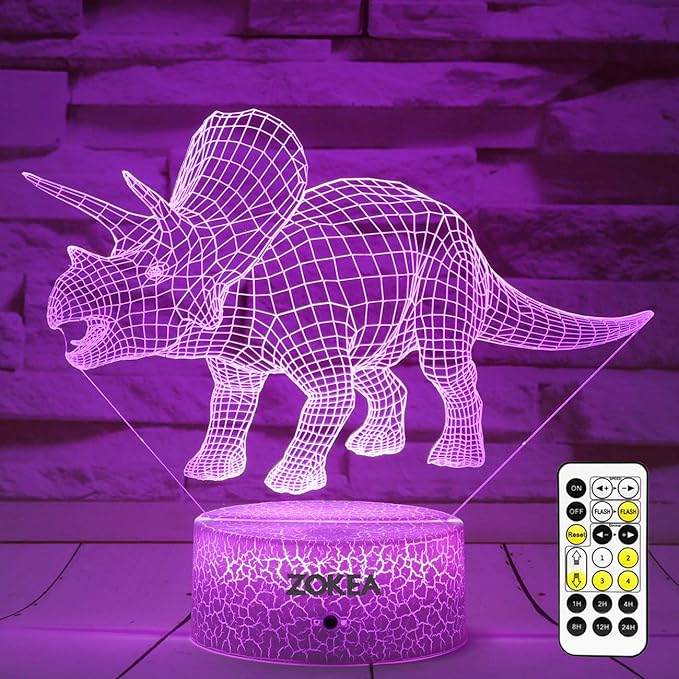 Dinosaur Toys, Dinosaur Gifts for Boys 7 Colors Changing 3D Dinosaur Night Light (4 Patterns) with Timer & Remote Control & Smart Touch, Gifts for Boys Girls Age 2 3 4 5 6 7 8 Year Old Boy Gifts - LeafyLoom