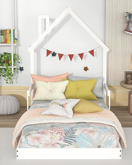 Bellemave Twin Size House-Shaped Headboard Floor Bed for Kids,Montessori Floor Bed with Handrails and Slats,Wood House Bed Twin for Girls,Boys(Twin,White) - LeafyLoom