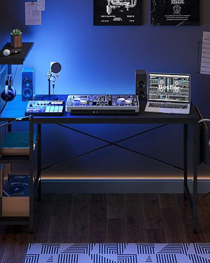 Bestier Gaming Desk with LED Lights, Computer Desk with 4 Tiers Reversible Shelves, 51.3 Inch Home Office Writing Desk with Side Storage Bag, Hooks and Height Adjustable Shelf (Black Grained) - LeafyLoom