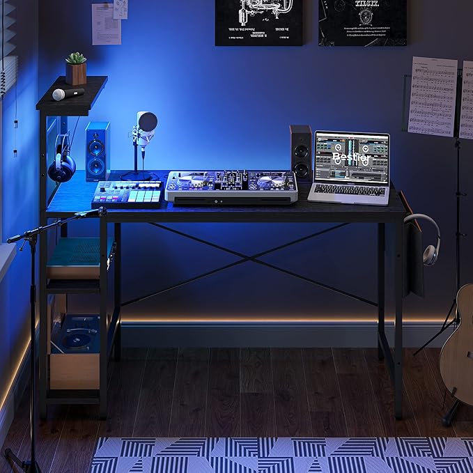 Bestier Gaming Desk with LED Lights, Computer Desk with 4 Tiers Reversible Shelves, 51.3 Inch Home Office Writing Desk with Side Storage Bag, Hooks and Height Adjustable Shelf (Black Grained) - LeafyLoom