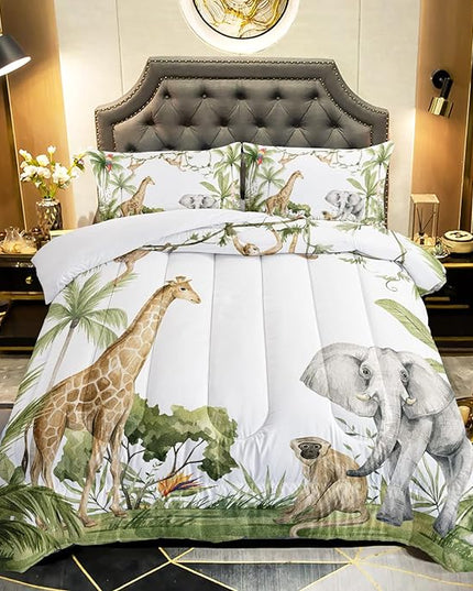 Elephant Giraffe Monkeys Comforter Full Size,Wild Animals Kids Comforter Set,3Pcs Bedding Set Printed Comforter with 2 Pillowcases,Down Alternative,Soft and Lightweight,for All Seasons - LeafyLoom
