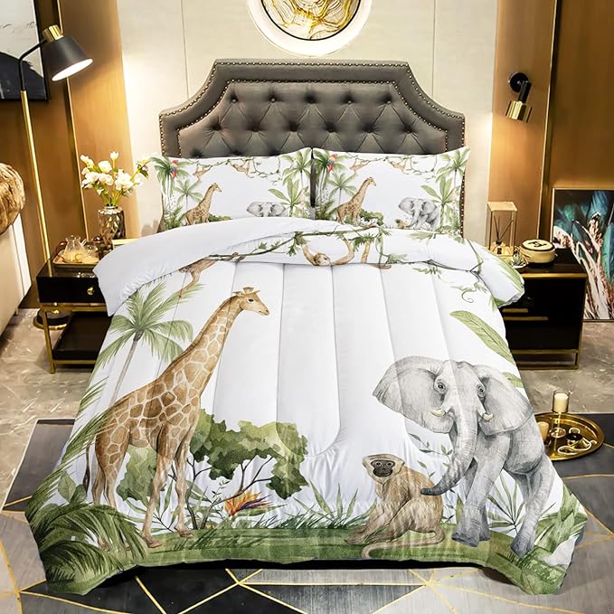 Elephant Giraffe Monkeys Comforter Full Size,Wild Animals Kids Comforter Set,3Pcs Bedding Set Printed Comforter with 2 Pillowcases,Down Alternative,Soft and Lightweight,for All Seasons - LeafyLoom