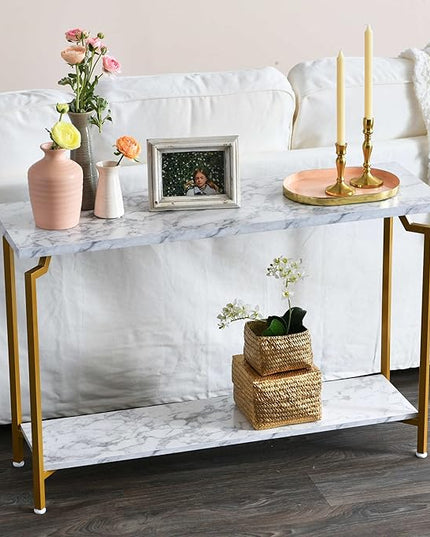 Household Essentials Crown Console Sofa Table with Storage Shelf White Marble and Gold Metal - LeafyLoom