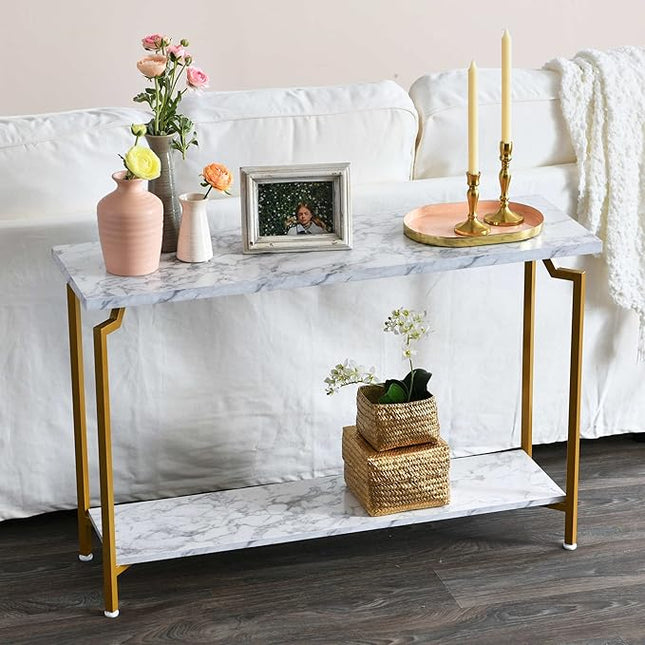 Household Essentials Crown Console Sofa Table with Storage Shelf White Marble and Gold Metal - LeafyLoom