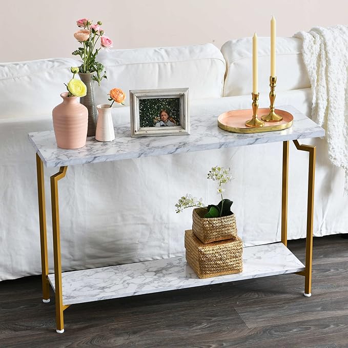 Household Essentials Crown Console Sofa Table with Storage Shelf White Marble and Gold Metal - LeafyLoom