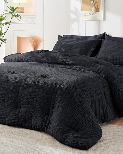 HYMOKEGE Seersucker Comforter Set Full Size 3 Pieces, Lightweight Comforter Sets for Bedding, Bed Set with 1 All Season Soft Down Alternative Comforter and 2 Pillow Shams, Black - LeafyLoom