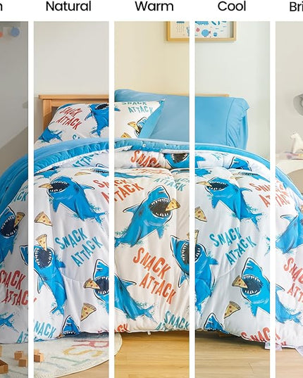 SLEEP ZONE Jersey Knit 3-Piece Full/Queen Size Comforter Set, Lightweight Kids Bedding Sets for All Seasons, Fluffy Soft, Easy Care (Sharks, Full/Queen) - LeafyLoom