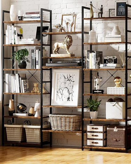 NUMENN Triple Wide 6 Tier Bookshelf, Rustic Industrial Style Bookcases and Bookshelves with 17 Open Display Shelves, Modern Tall Bookcase Furniture for Bedroom, Living Room and Home Office, Vintage - LeafyLoom