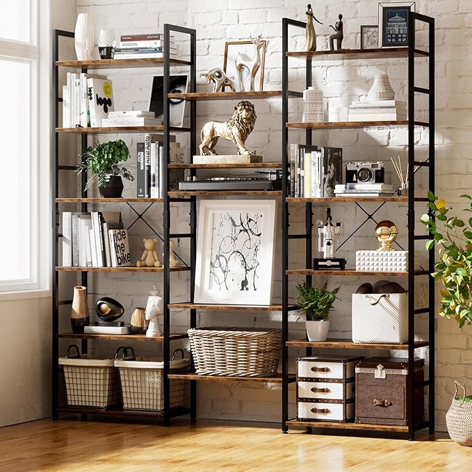 NUMENN Triple Wide 6 Tier Bookshelf, Rustic Industrial Style Bookcases and Bookshelves with 17 Open Display Shelves, Modern Tall Bookcase Furniture for Bedroom, Living Room and Home Office, Vintage - LeafyLoom