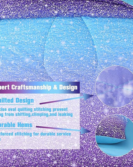 JQinHome Glitter Comforter Set Twin Size,6 Piece Bed in A Bag 3D Colorful Ombre Bedding Set for Girls kids(1 Comforter,2 Pillowcases,1 Flat Sheet,1 Fitted Sheet,1 Cushion Cover)(Blue Purple) - LeafyLoom