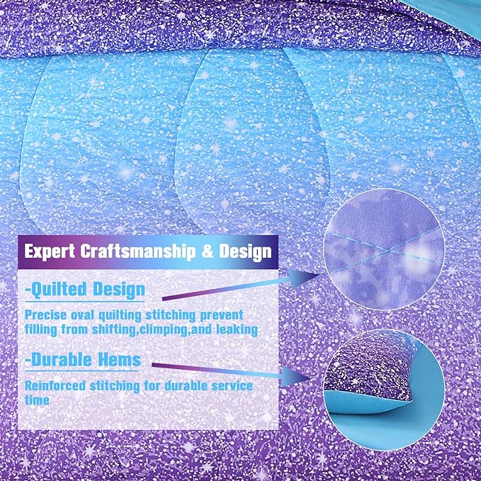 JQinHome Glitter Comforter Set Twin Size,6 Piece Bed in A Bag 3D Colorful Ombre Bedding Set for Girls kids(1 Comforter,2 Pillowcases,1 Flat Sheet,1 Fitted Sheet,1 Cushion Cover)(Blue Purple) - LeafyLoom