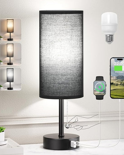 Black Bedside Lamp for Bedroom Nightstand - Small Table Lamp with USB A + C Charging Port, 3 Color Temperatures Pull Chain Night Stand Light with Bulb， Side Table Desk Reading Lamp for Living Room - LeafyLoom
