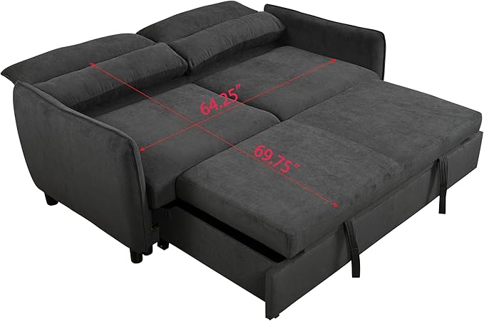 Queen Size Loveseat Sleeper Sofa,3 in 1 Soft Corduroy Upholstered Oversized Convertible Love Seat Sofabed cum Daybed W/Pull Out Sleep Couch Bed and Reclining Backrest for Living Space, 75“, Black - LeafyLoom