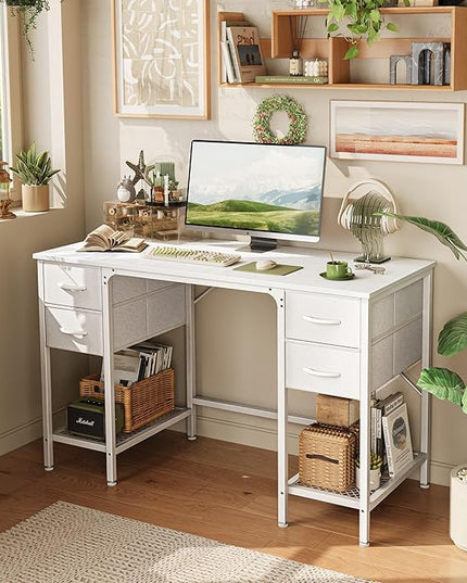 47 Inch Computer Desk with 4 Drawers, Office Desk with Mesh Shelf, Gaming Desk, Large Storage, Writing Desk Work Desk for Home Office, Study, Bedroom, Work from Home, White - LeafyLoom
