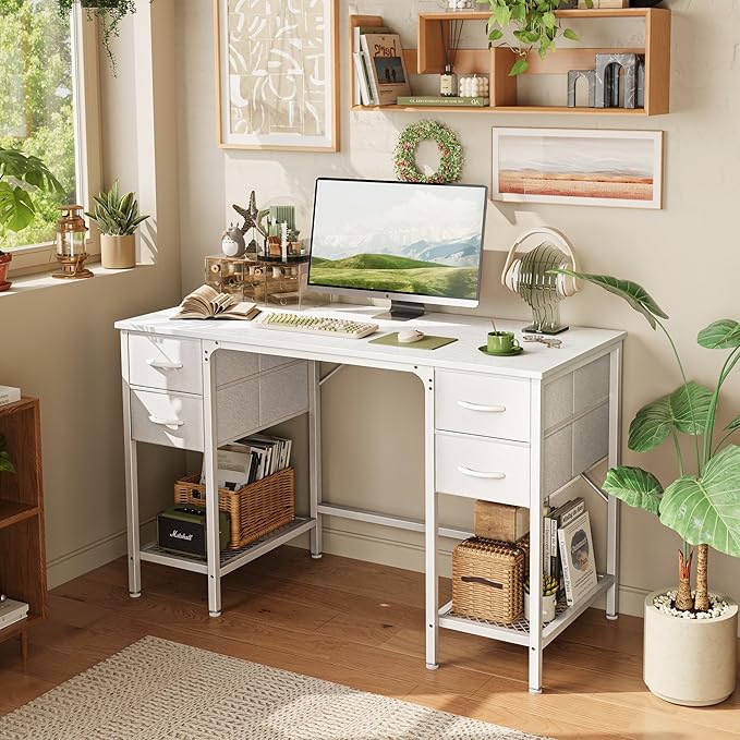 47 Inch Computer Desk with 4 Drawers, Office Desk with Mesh Shelf, Gaming Desk, Large Storage, Writing Desk Work Desk for Home Office, Study, Bedroom, Work from Home, White - LeafyLoom