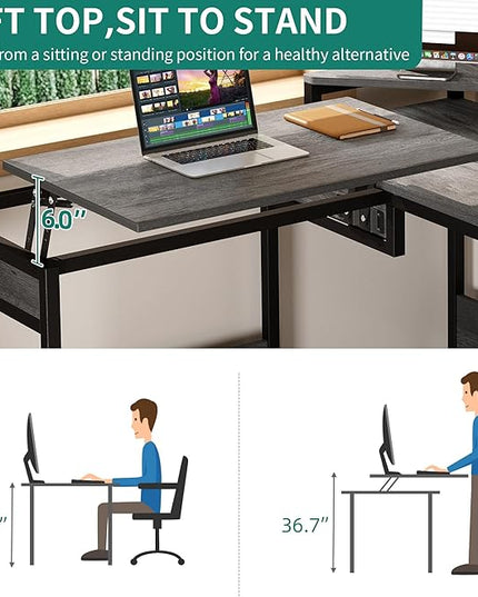 YITAHOME L Shaped Desk with Lift Top, 65" Adjustable Standing Desk with File Drawer, Corner Computer Desk with Storage Shelves,Home Office Desk, Grey - LeafyLoom