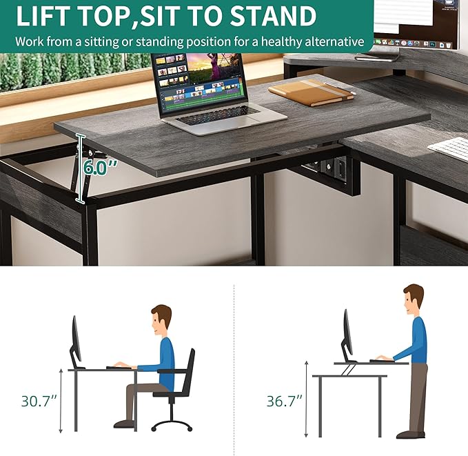 YITAHOME L Shaped Desk with Lift Top, 65" Adjustable Standing Desk with File Drawer, Corner Computer Desk with Storage Shelves,Home Office Desk, Grey - LeafyLoom