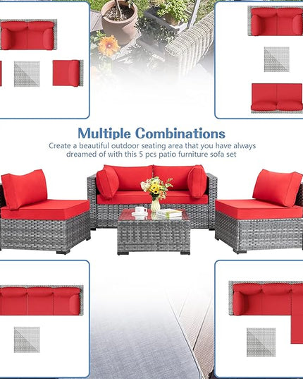 Shintenchi 5 Pieces Outdoor Patio Sectional Sofa Couch, Silver Gray PE Wicker Furniture Conversation Sets with Washable Cushions & Glass Coffee Table for Garden, Poolside, Backyard (Red) - LeafyLoom