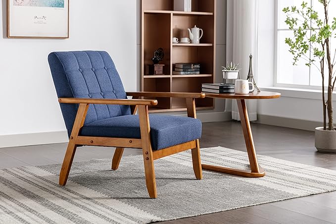 Mid-Century Accent, Modern Single Armchair, Upholstered Leisure Lounge Chair wth Solid Wood Armrest and Feet for Living Room, Bedroom, Office, Navy Blue - LeafyLoom