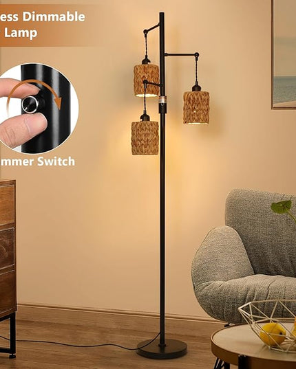 Rattan Floor Lamp, 3-Lights Boho Floor Lamp with Stepless Dimmer, Farmhouse Rustic Floor Lamps for Living Room, Tall Floor Lamp with Rattan Shades, Dimmable Standing Lamp for Bedroom - LeafyLoom