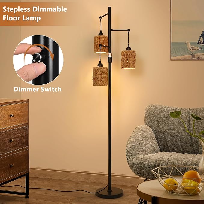 Rattan Floor Lamp, 3-Lights Boho Floor Lamp with Stepless Dimmer, Farmhouse Rustic Floor Lamps for Living Room, Tall Floor Lamp with Rattan Shades, Dimmable Standing Lamp for Bedroom - LeafyLoom