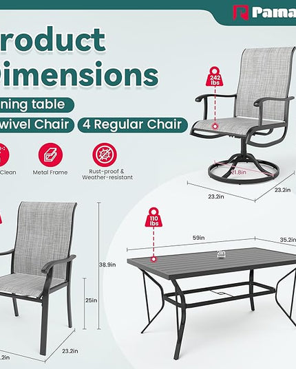 Pamapic 7 Pieces Patio Dining Set, Outdoor Dining Set for Garden Backyard Poolside Deck,Outdoor Table and Chairs Set with 4 Textilene Swivel Chairs ＆ 2 Regular Chairs,Gray - LeafyLoom