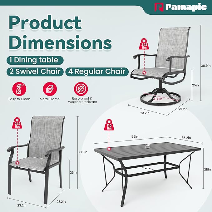 Pamapic 7 Pieces Patio Dining Set, Outdoor Dining Set for Garden Backyard Poolside Deck,Outdoor Table and Chairs Set with 4 Textilene Swivel Chairs & 2 Regular Chairs,Gray - LeafyLoom