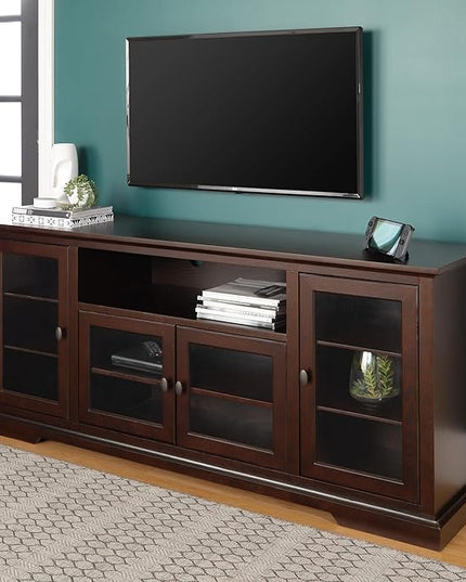 Walker Edison Brahm Classic Glass Door Storage TV Console for TVs up to 80 Inches, 70 Inch, Espresso Brown - LeafyLoom