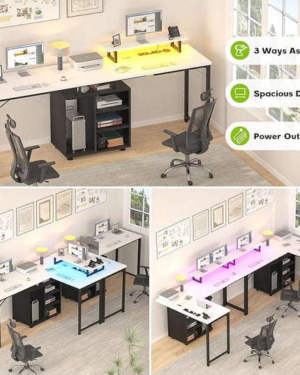 Cyclysio L Shaped Gaming Desk with Wood Cabinet, 58" Large Corner Desk with LED Lights & Power Outlet, Reversible Computer Desk with Monitor Stand, Home Office Desk 2 Person Corner Desk, White Black - LeafyLoom