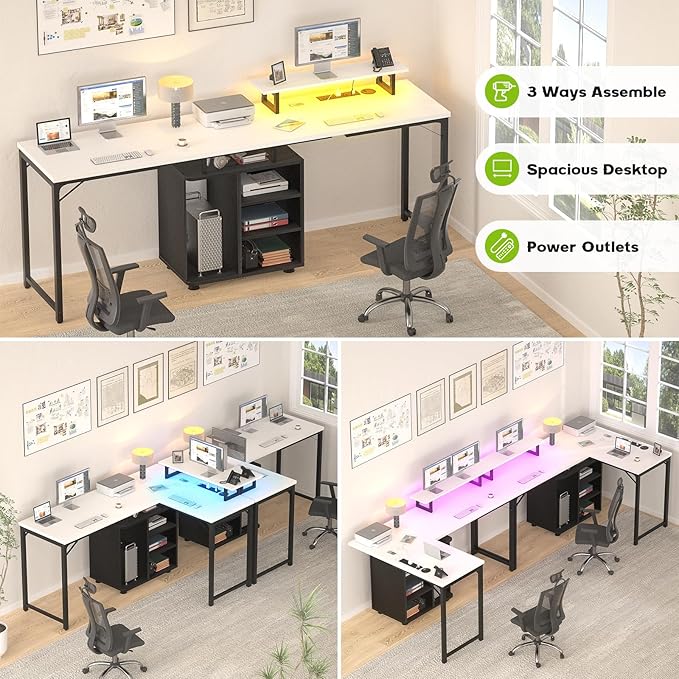 Cyclysio L Shaped Gaming Desk with Wood Cabinet, 58" Large Corner Desk with LED Lights & Power Outlet, Reversible Computer Desk with Monitor Stand, Home Office Desk 2 Person Corner Desk, White Black - LeafyLoom