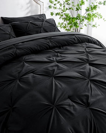 Ubauba 7pc Black Queen Comforter Set with Sheets, 7 Piece Pintuck Bed in a Bag, Queen Size Bed Set for All Seasons, Pinched Pleat Bedding Sets (Black,Queen) - LeafyLoom