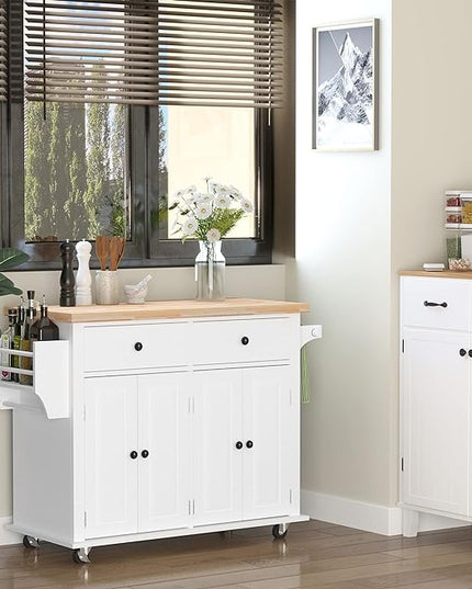 HOMCOM Kitchen Island on Wheels, Rolling Cart with Rubberwood Top, Spice Rack, Towel Rack and Drawers for Dining Room, White - LeafyLoom