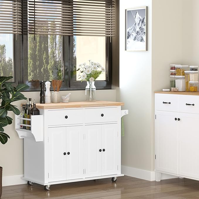HOMCOM Kitchen Island on Wheels, Rolling Cart with Rubberwood Top, Spice Rack, Towel Rack and Drawers for Dining Room, White - LeafyLoom