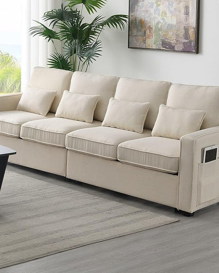 104" Modern Sofa, 4-seat Couch with Armrest Pockets and 4 Pillows for Living Room, Apartment, 104inch, Beige - LeafyLoom