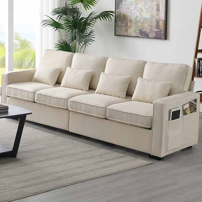 104" Modern Sofa, 4-seat Couch with Armrest Pockets and 4 Pillows for Living Room, Apartment, 104inch, Beige - LeafyLoom