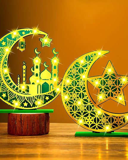 2 Pcs Ramadan Eid Mubarak Crafts Night Light 3D Wooden Moon Star Lights Ramadan Decorations LED Eid Mubarak Lamp Decor Ramadan Table Sign for Tabletop Home Party Supplies(Green and Gold) - LeafyLoom
