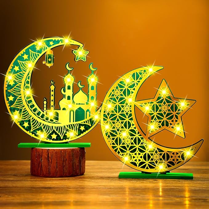 2 Pcs Ramadan Eid Mubarak Crafts Night Light 3D Wooden Moon Star Lights Ramadan Decorations LED Eid Mubarak Lamp Decor Ramadan Table Sign for Tabletop Home Party Supplies(Green and Gold) - LeafyLoom