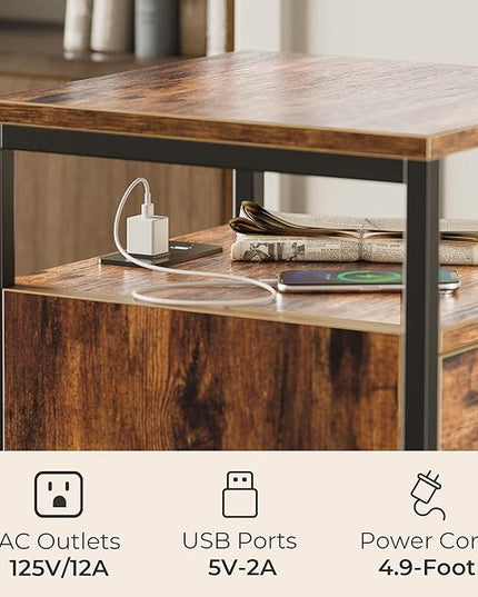 SUPERJARE File Cabinet with Lock & Charging Station, 2 Drawers Rolling Filing Cabinet, Office File Cabinet with Wheels & Open Shelf, for Home Office, A4/Letter Size Files - Rustic Brown - LeafyLoom
