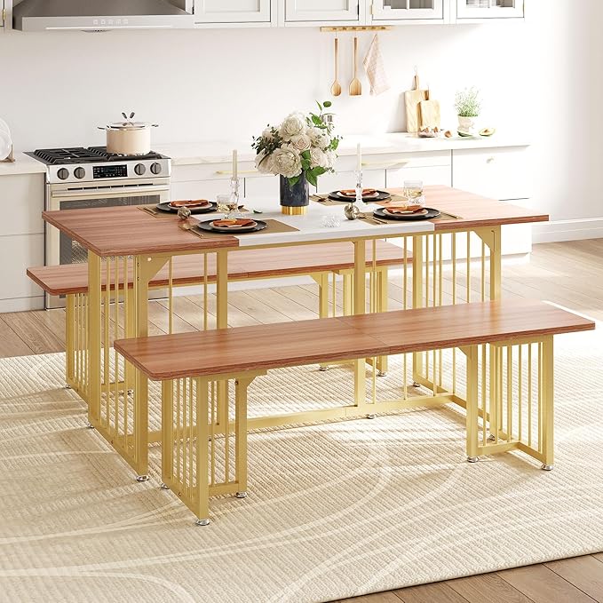 DWVO 3-Piece Dining Table Set for 4-6 People, 63" Kitchen Table with 2 Benches, Farmhouse Rectangular Dining Room Table Set for Home Kitchen, Restaurant - LeafyLoom