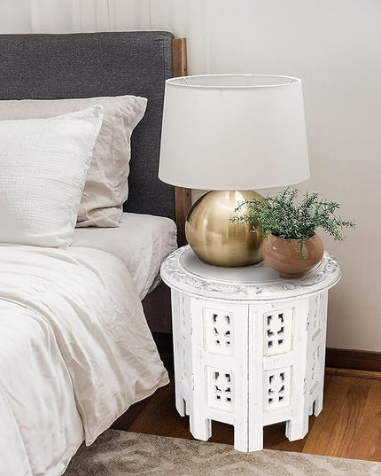 Altar Table,Round Side Table,Small Table, Round End Table,Side Table, Side Tables Living Room,End Table,Carved Side Table,Wood Accent Table,Carved Wood Table 12" Round Top x 12" High White Antique - LeafyLoom