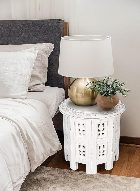 Altar Table,Round Side Table,Small Table, Round End Table,Side Table, Side Tables Living Room,End Table,Carved Side Table,Wood Accent Table,Carved Wood Table 12" Round Top x 12" High White Antique - LeafyLoom