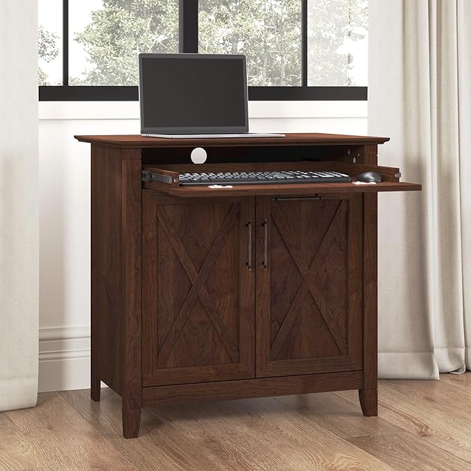 Bush Business Furniture Key West Secretary Desk with Keyboard Tray and Storage Cabinet, 30W x 20D, Bing Cherry - LeafyLoom