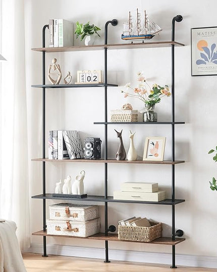 HOMISSUE Industrial Bookshelf 6-Tier Open Wall Mount Ladder Bookshelf, Modern Bookcase with Metal Frame and Wood Style for Home Office, Wall Mounted industrial Iron Pipe Shelf, Brown - LeafyLoom