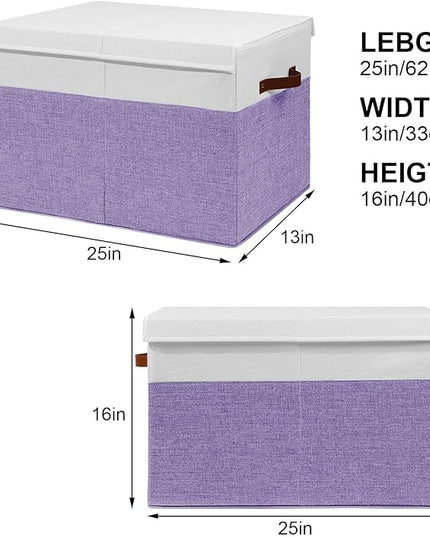 Large Toy Storage Box with Lid, Sturdy Toys Storage Chest Bin Organizer Basket with Dividers for Kids, Boys, Girls, Nursery, Closet, Bedroom, Playroom 25"x13" x16" (Purple and White) - LeafyLoom