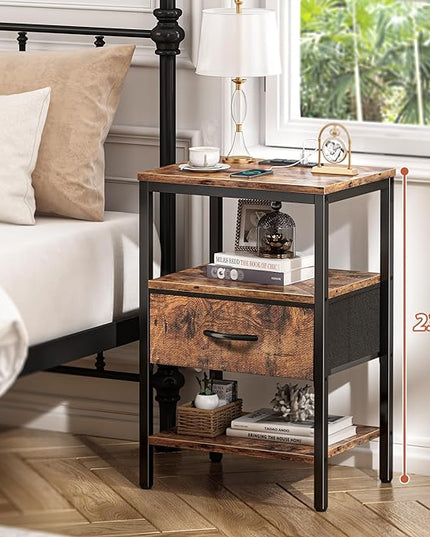 SUPERJARE Nightstand Set of 2, Bed Side Tables with Charging Station, Adjustable Fabric Drawer, Night Stand for Bedroom, 3-Tier Storage End Tables, for Living Room, Rustic Brown - LeafyLoom