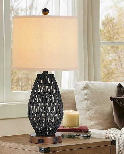 Touch Control Rattan Table Lamps, 3 Way Dimmable Bedside Lamps for Bedroom Set of 2 with 2 USB Ports and AC Outlet, Black Wicker Nightstand Lamps for Living Room (LED Bulbs Included) - LeafyLoom