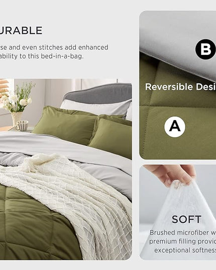 Bedsure Olive Green King Size Comforter Set - 7 Pieces Reversible King Bed in a Bag King Bed Set with Comforters, Sheets, Pillowcases & Shams, King Bedding Sets - LeafyLoom