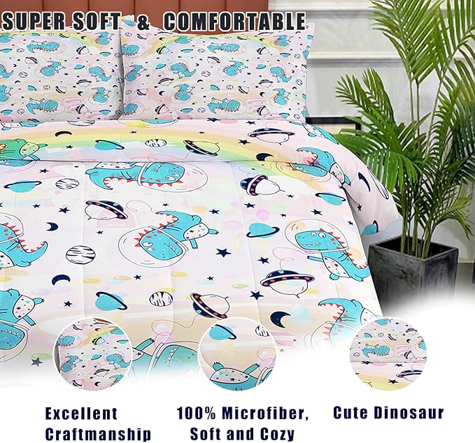 NINENINE Pink Dinosaur Comforter Set Colorful Rainbow Castle UFO Space Theme Bedding, Twin Comforter Sets for Boys Girls Kawaii Bedding Set with 1 Comforter 1 Pillowcase - LeafyLoom