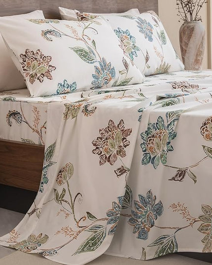 QSH Floral Bed Sheets Queen Size - 100% Egyptian Cotton Sheets Elegant Botanical Leaves Flower Pattern Printed Bedding Sheets Queen Size Bed Extra Soft and Breathable 4pcs Deep Pockets Bed Sheets - LeafyLoom
