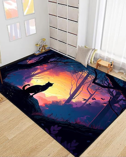 Magic Black Cat Rug - Moon Cat Rug for Girls Room Forestscape Cat Area Rug Black Cat Door Mat Colorful Rug with Black Cat Pattern, 4.5x6 Feet - LeafyLoom